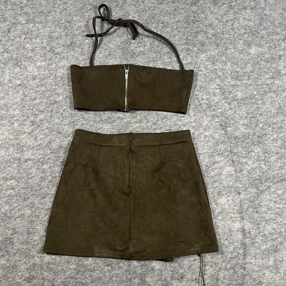 Women's Skirt Set Size Large Army Green 2 Piece Solid Zipper Cotton Halter Neck - Picture 2 of 5
